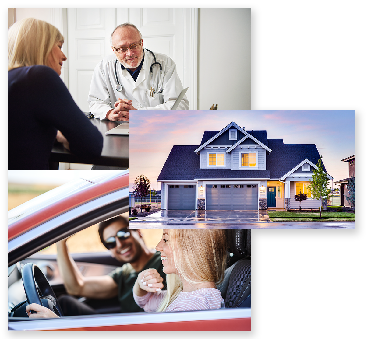 A photo collage of a woman visiting with a physician, a couple driving in a car with the windows down, and the exterior of a house at dusk.